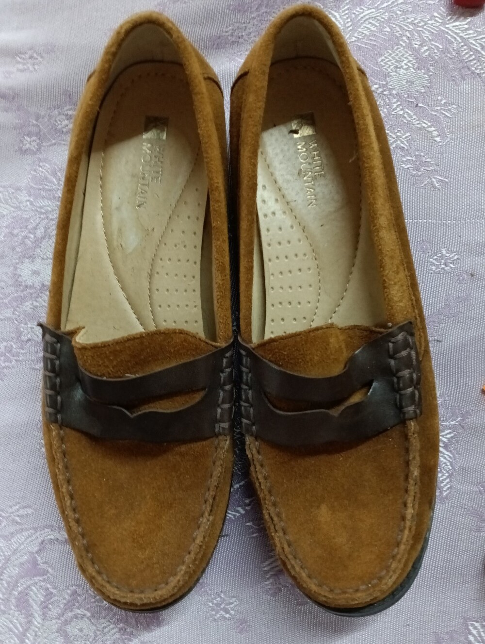 White Mountain Camel Brown Suede Penny Loafers with Dark Brown Strap